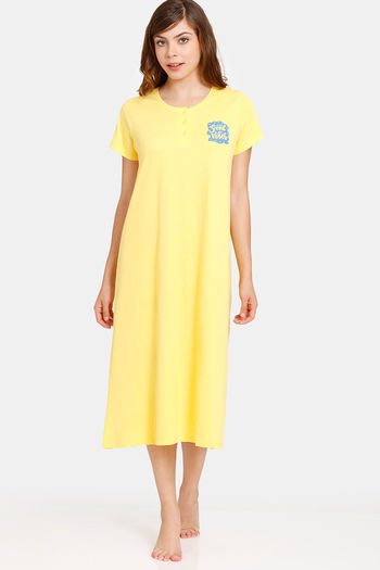 Buy Rosaline Geo Blooms Knit Cotton Mid Length Nightdress - Minion Yellow